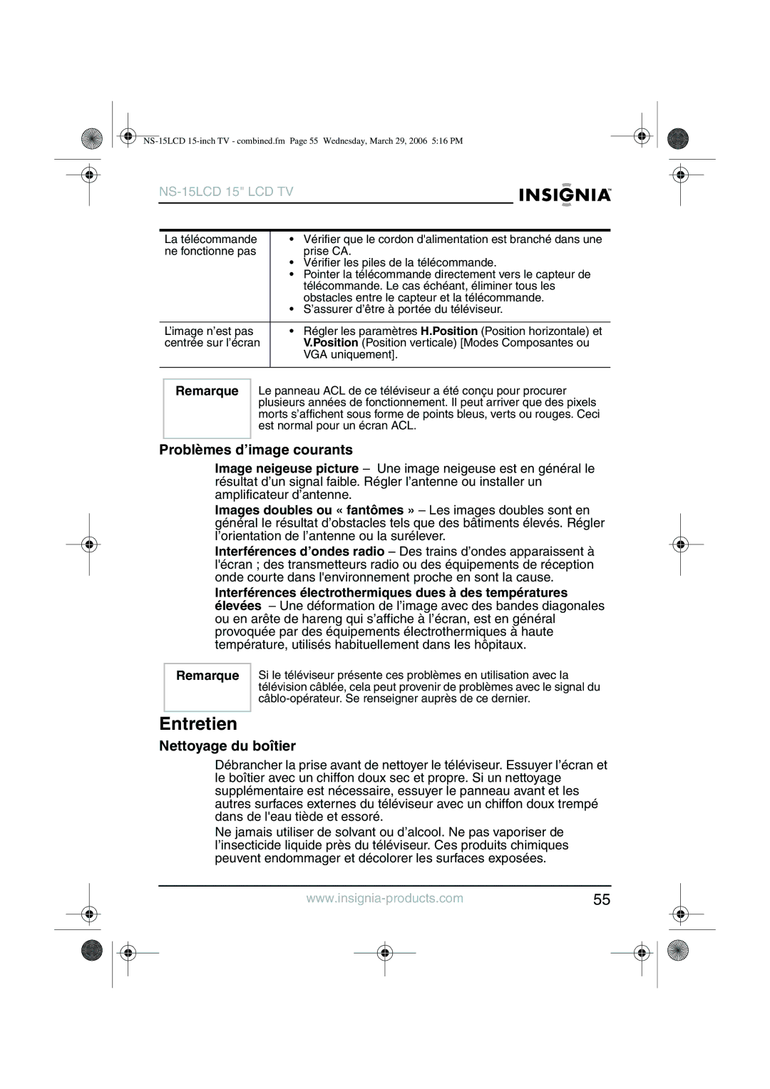 Insignia NS-15LCD manual Entretien, Problèmes d’image courants, Nettoyage du boîtier 