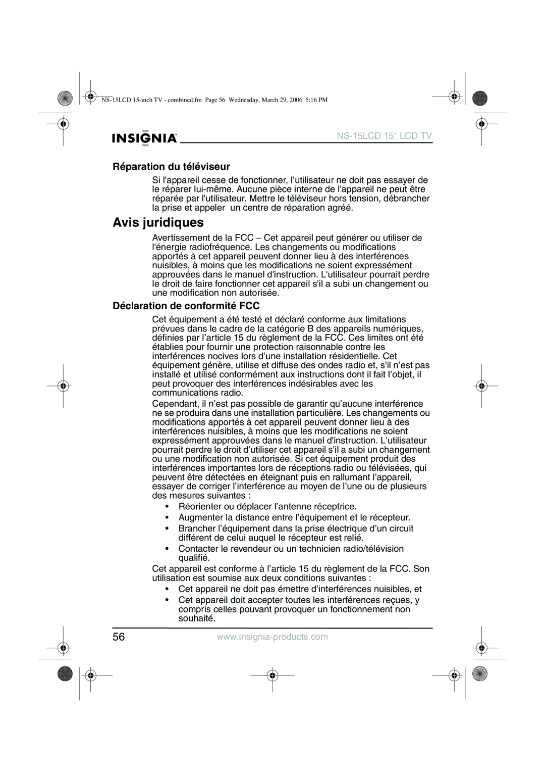 Insignia NS-15LCD manual Avis juridiques, Réparation du téléviseur, Déclaration de conformité FCC 