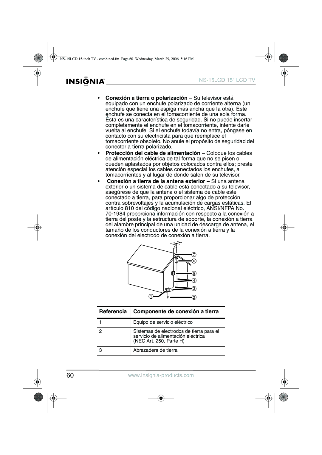 Insignia NS-15LCD manual Referencia Componente de conexión a tierra 