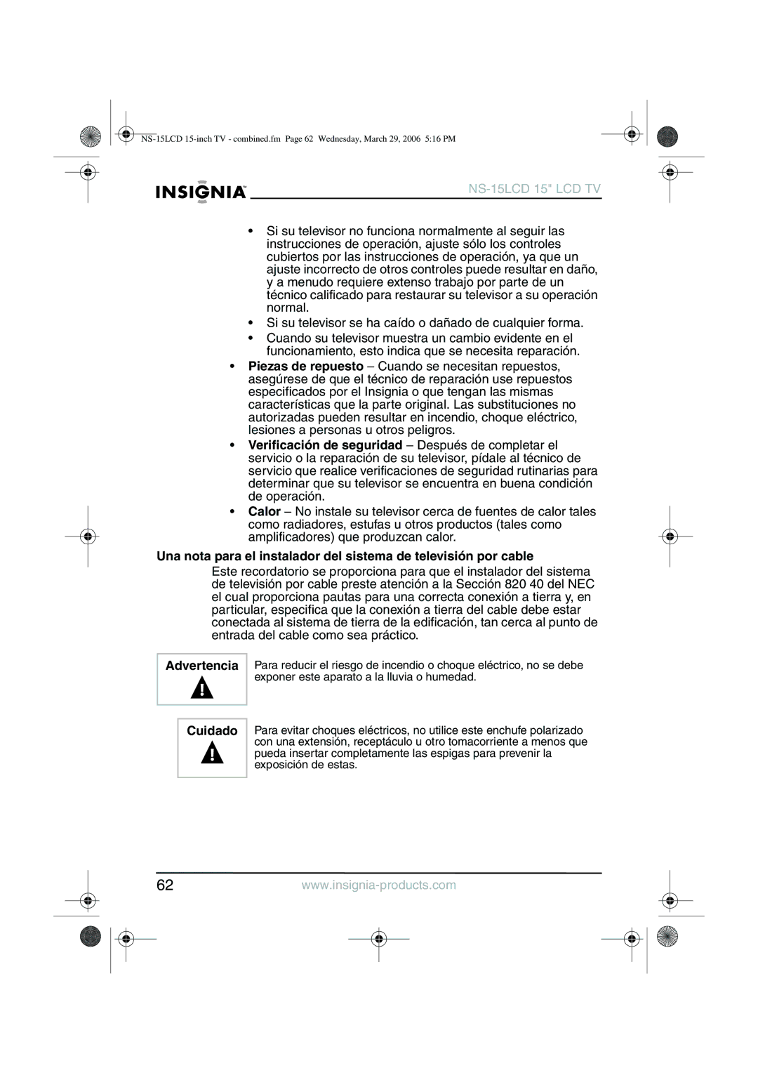 Insignia NS-15LCD manual Advertencia, Cuidado 