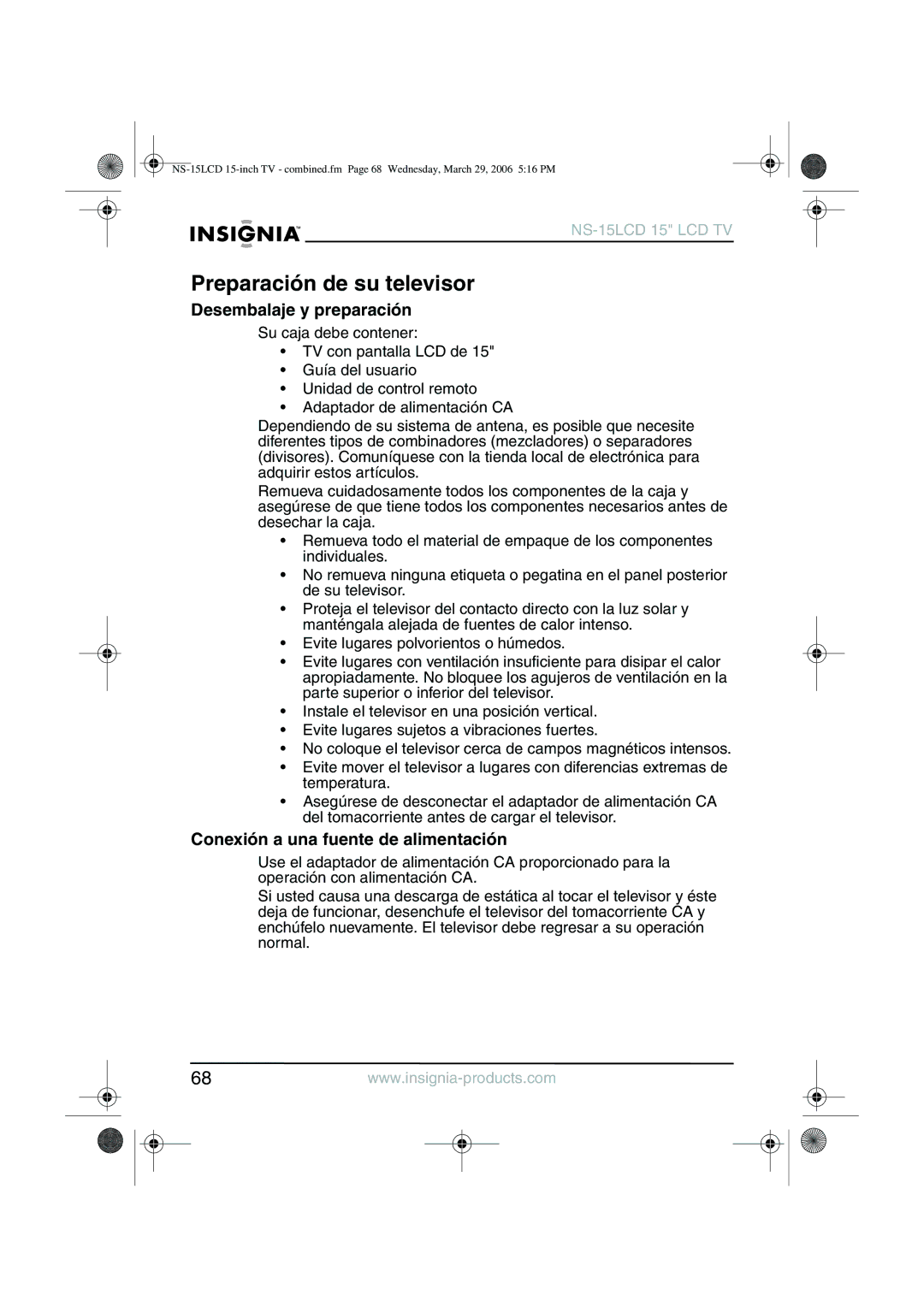 Insignia NS-15LCD manual Preparación de su televisor, Desembalaje y preparación, Conexión a una fuente de alimentación 