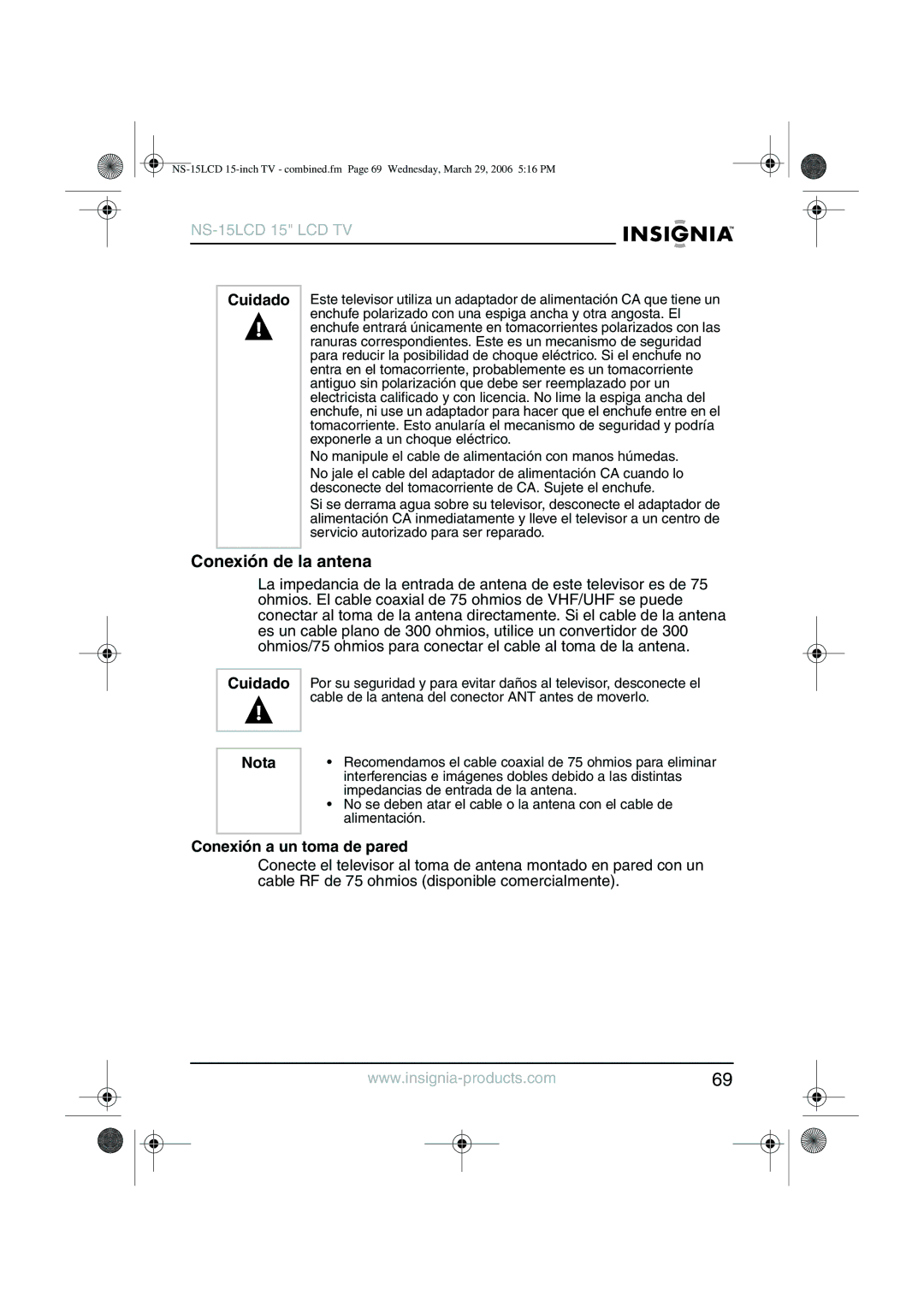 Insignia NS-15LCD manual Conexión de la antena, Nota, Conexión a un toma de pared 