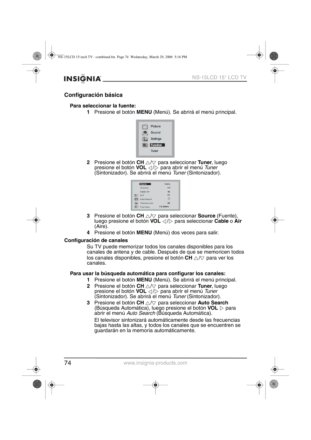 Insignia NS-15LCD manual Configuración básica, Para seleccionar la fuente, Configuración de canales 