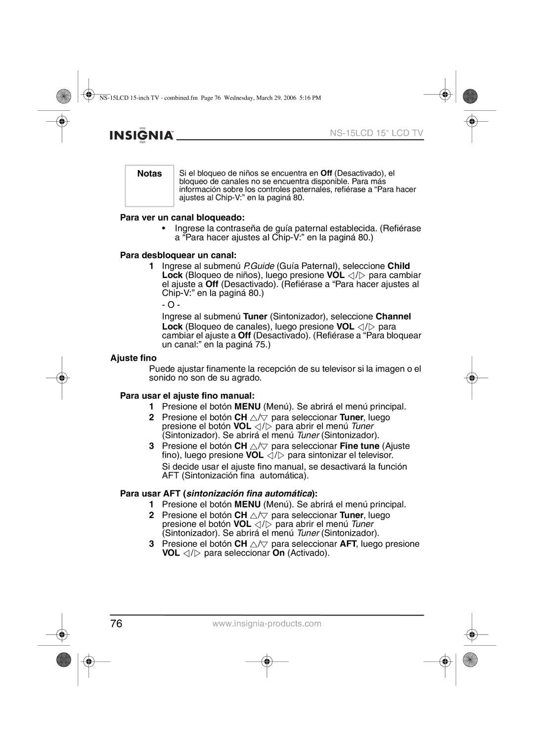 Insignia NS-15LCD Para ver un canal bloqueado, Para desbloquear un canal, Ajuste fino, Para usar el ajuste fino manual 