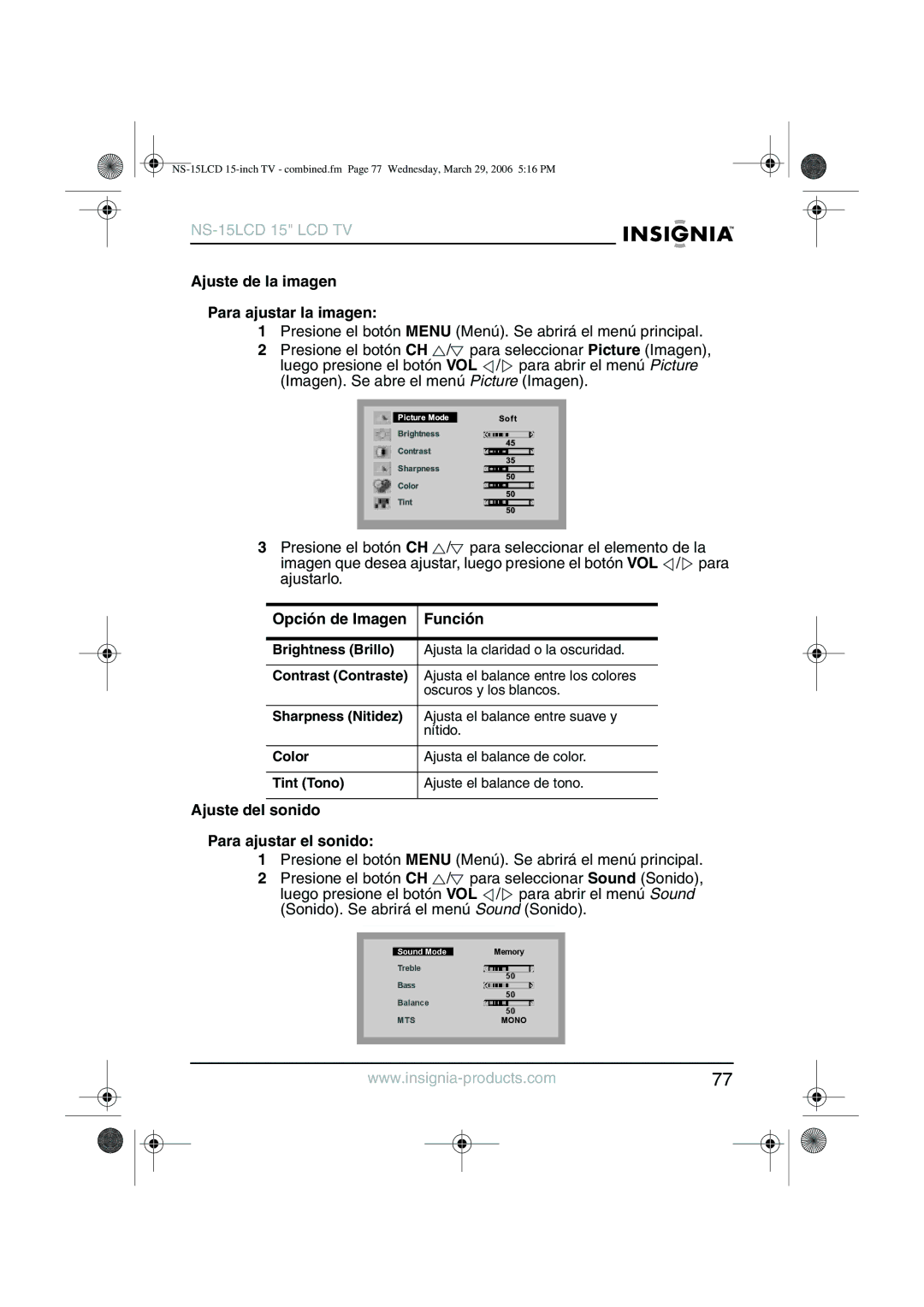 Insignia NS-15LCD manual Ajuste de la imagen Para ajustar la imagen, Opción de Imagen Función 