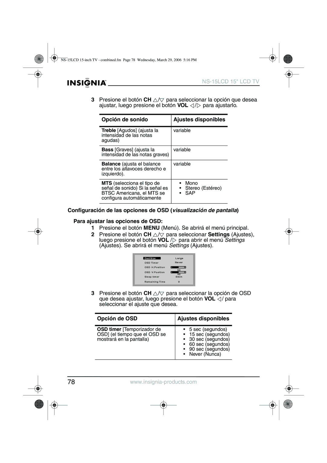 Insignia NS-15LCD manual Opción de sonido Ajustes disponibles, Opción de OSD Ajustes disponibles 