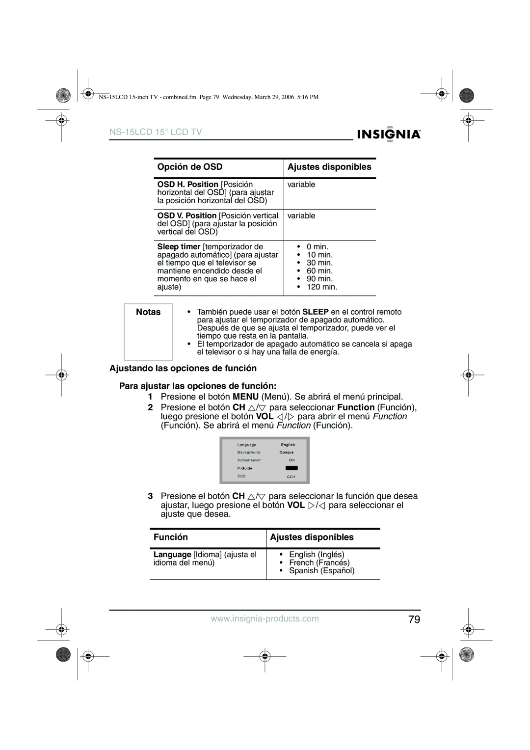 Insignia NS-15LCD manual Función Ajustes disponibles, OSD H. Position Posición 