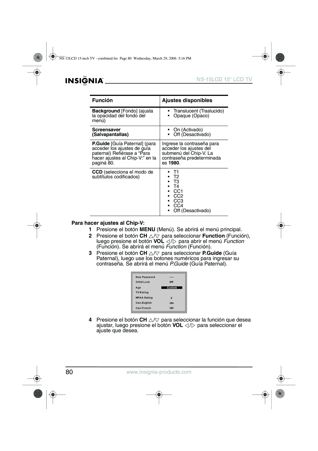 Insignia NS-15LCD manual Para hacer ajustes al Chip-V, Salvapantallas 