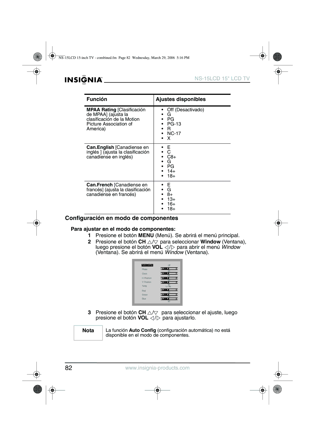 Insignia NS-15LCD manual Configuración en modo de componentes, Para ajustar en el modo de componentes 