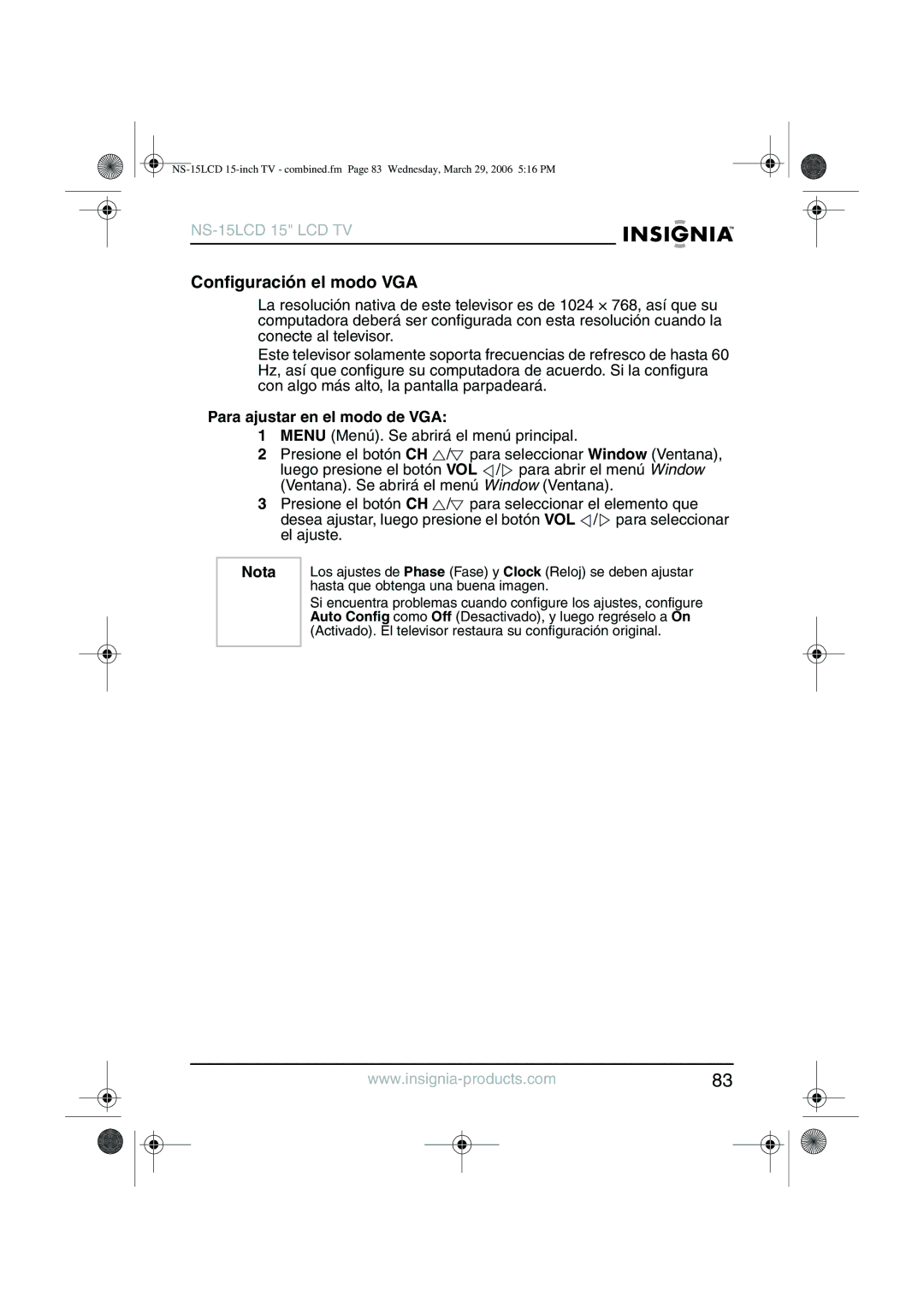 Insignia NS-15LCD manual Configuración el modo VGA, Para ajustar en el modo de VGA 