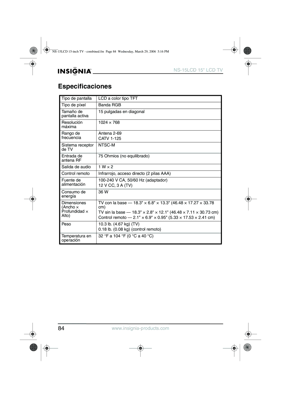 Insignia NS-15LCD manual Especificaciones, Ntsc-M 