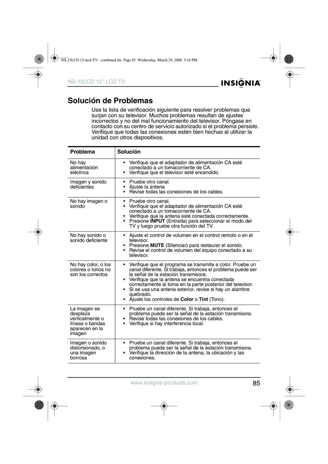 Insignia NS-15LCD manual Solución de Problemas, Problema Solución 