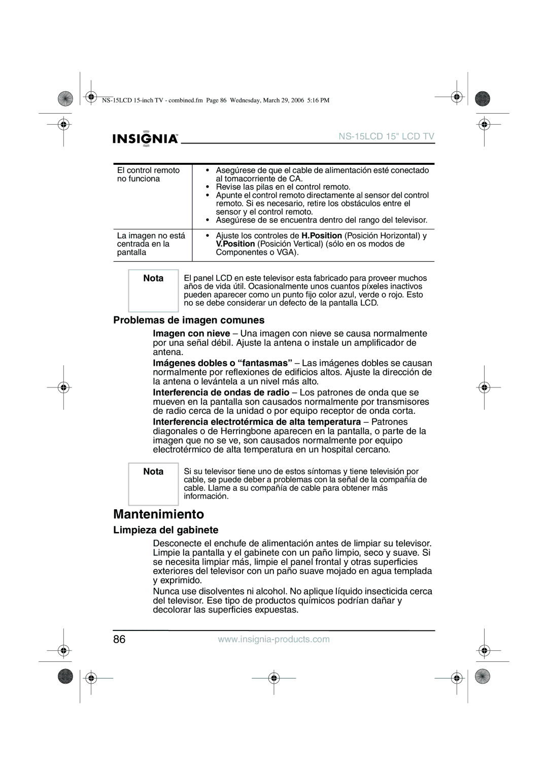 Insignia NS-15LCD manual Mantenimiento, Problemas de imagen comunes, Limpieza del gabinete 