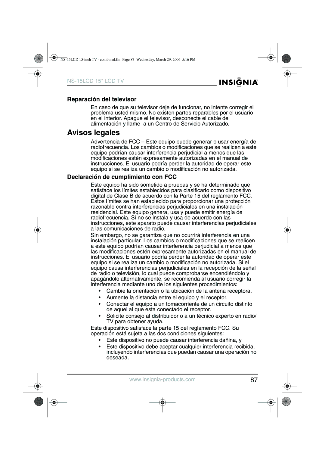 Insignia NS-15LCD manual Avisos legales, Reparación del televisor, Declaración de cumplimiento con FCC 