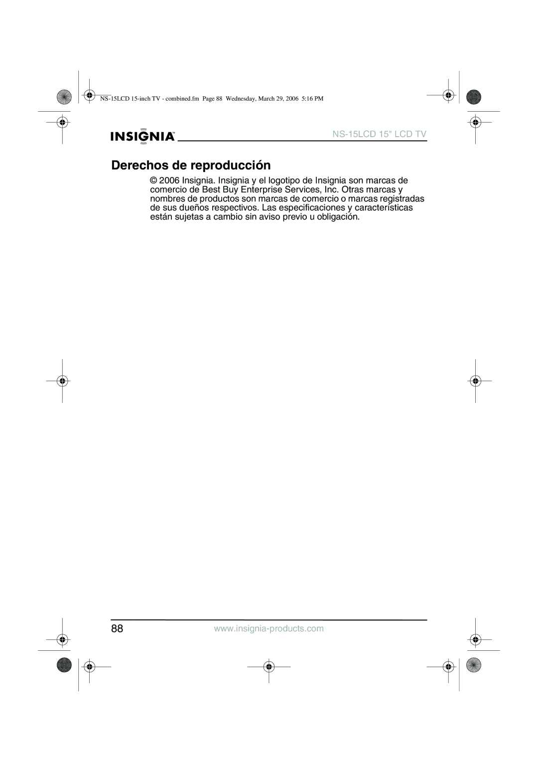 Insignia NS-15LCD manual Derechos de reproducción 