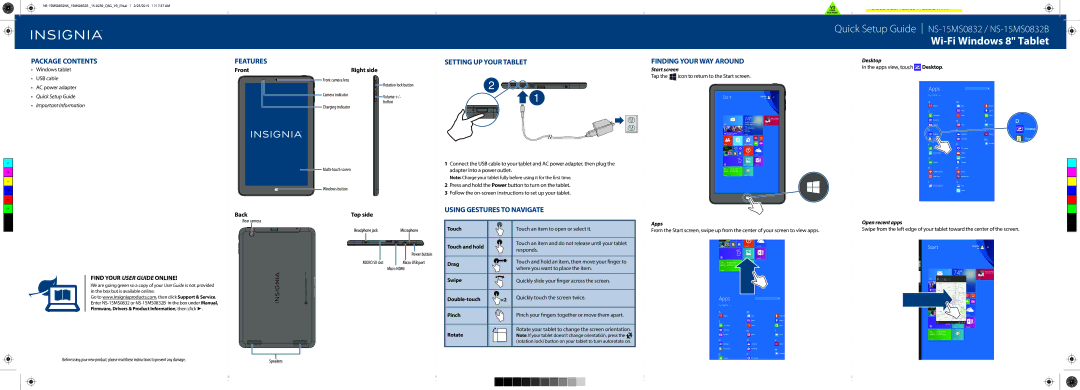 Insignia NS-15MS0832 setup guide Package Contents, Features, Setting UP Your Tablet, Using Gestures to Navigate 