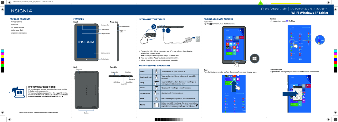 Insignia NS-15MS0832 setup guide Package Contents, Features, Setting Up Your Tablet, Using Gestures To Navigate, Apps 