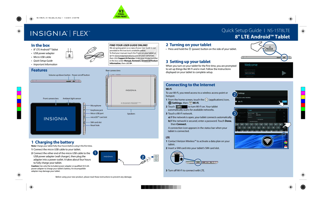 Insignia NS-15T8LTE setup guide Box, Features, Turning on your tablet, Setting up your tablet, Connecting to the Internet 