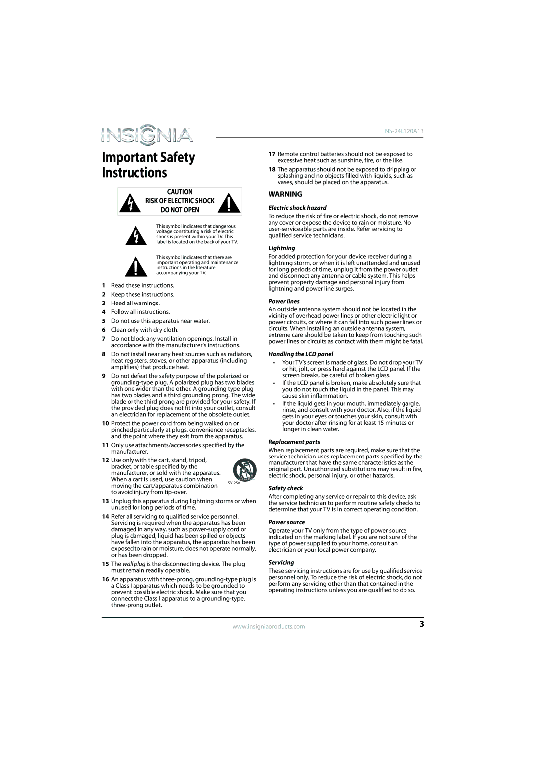 Insignia NS-24L120A13 Electric shock hazard, Lightning, Power lines, Handling the LCD panel, Replacement parts, Servicing 