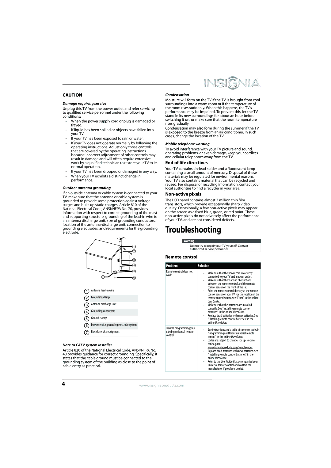 Insignia NS-24L120A13 manual Troubleshooting, End of life directives, Non-active pixels 