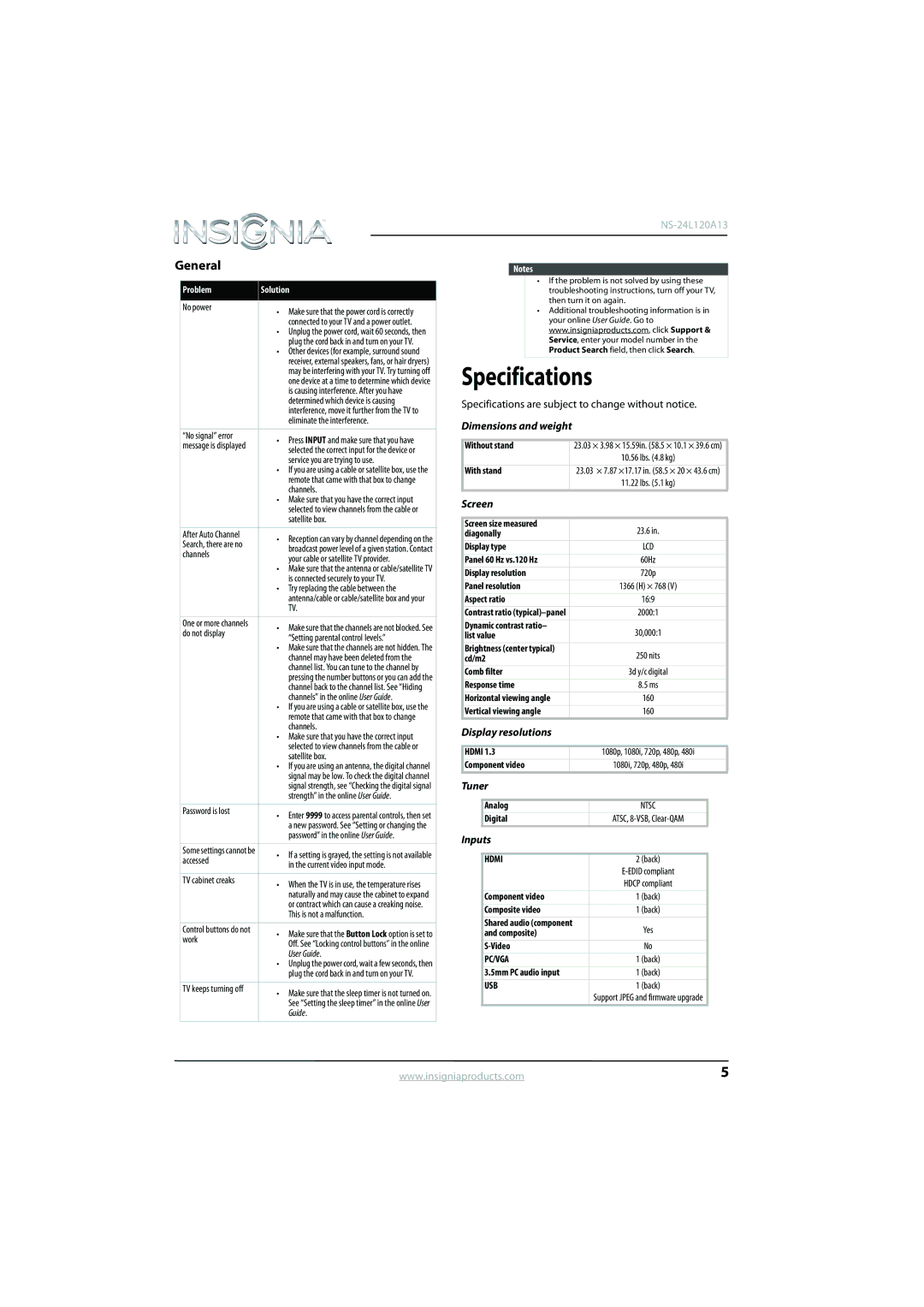 Insignia NS-24L120A13 manual Specifications, General 