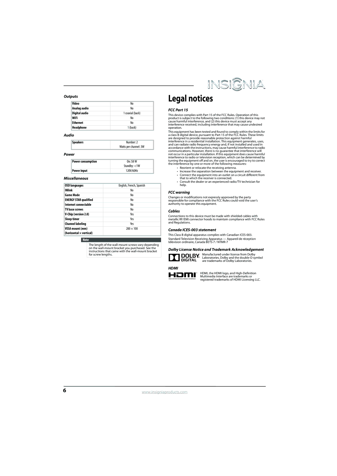 Insignia NS-24L120A13 manual Legal notices 