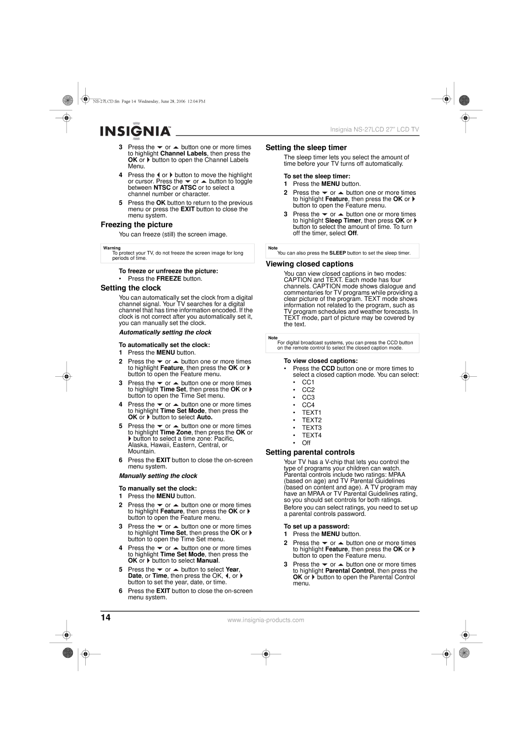 Insignia NS-27LCD manual Setting the sleep timer, Freezing the picture, Setting the clock, Viewing closed captions 