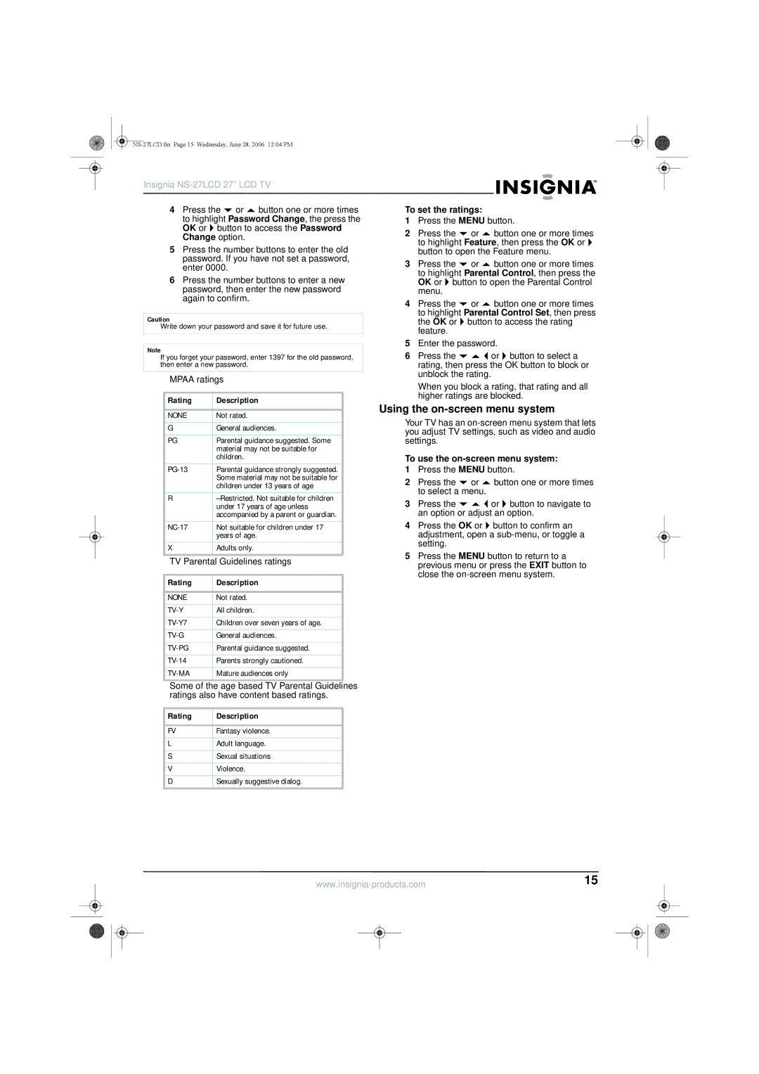 Insignia NS-27LCD manual Using the on-screen menu system, Mpaa ratings 