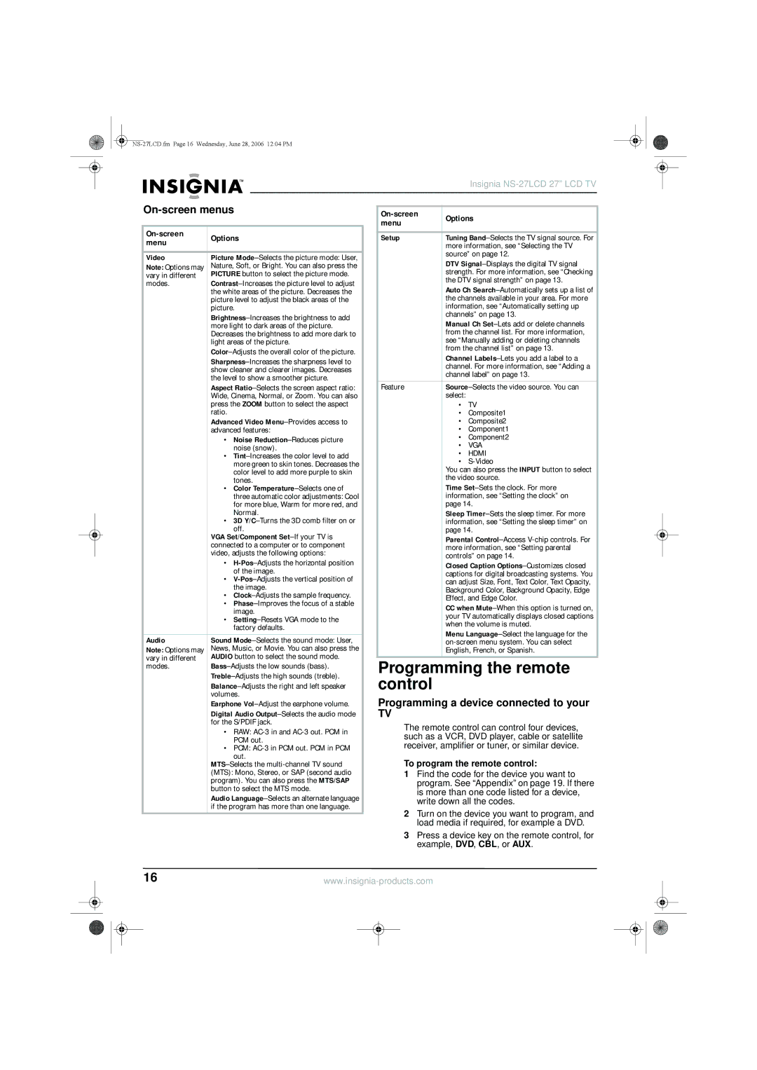 Insignia NS-27LCD manual Programming the remote, Control, On-screen menus, Programming a device connected to your 