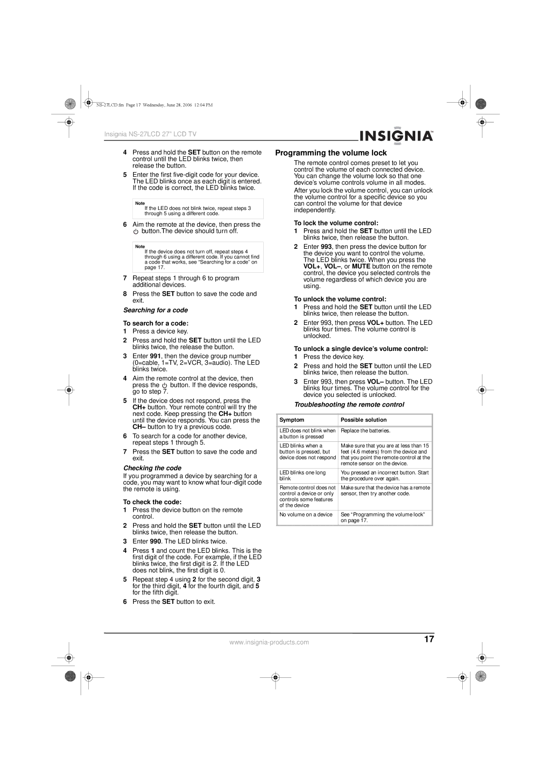 Insignia NS-27LCD Programming the volume lock, Searching for a code, Checking the code, Troubleshooting the remote control 