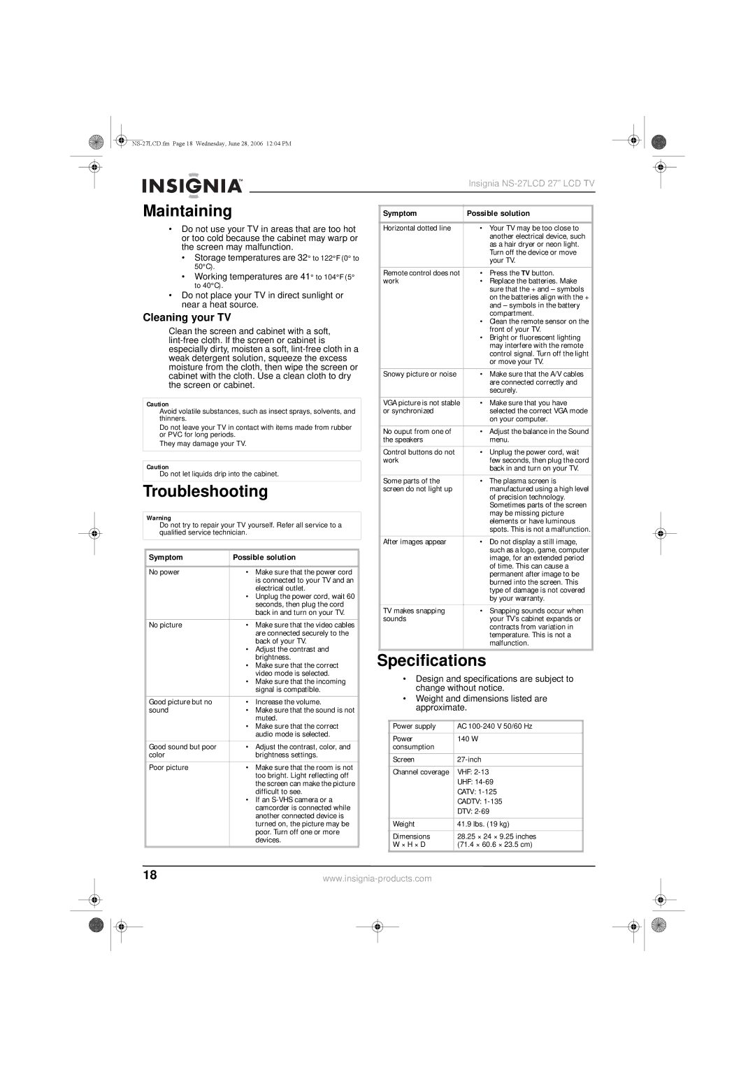 Insignia NS-27LCD manual Troubleshooting, Specifications, Cleaning your TV 