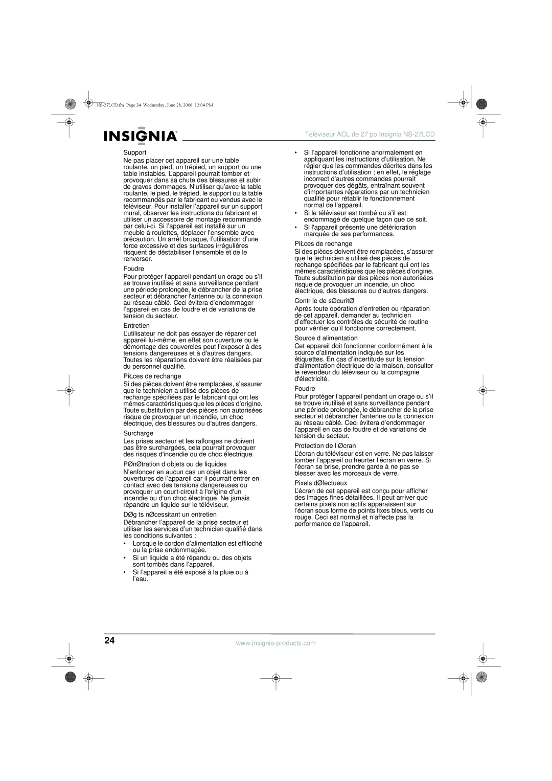 Insignia NS-27LCD Support, Pièces de rechange, Foudre, Contrôle de sécurité, Entretien, Source d’alimentation, Surcharge 