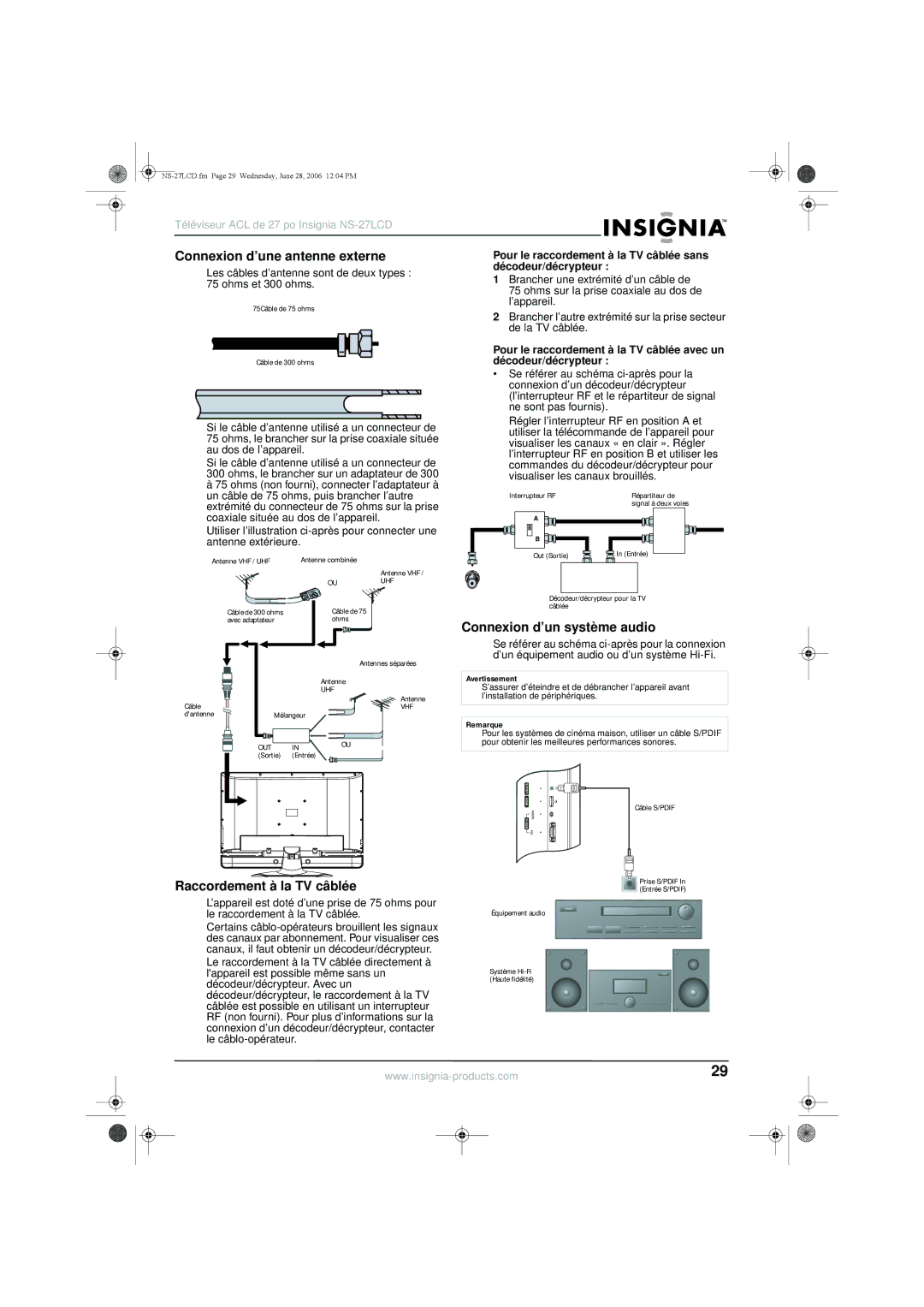 Insignia NS-27LCD manual Connexion d’une antenne externe, Connexion d’un système audio, Raccordement à la TV câblée 