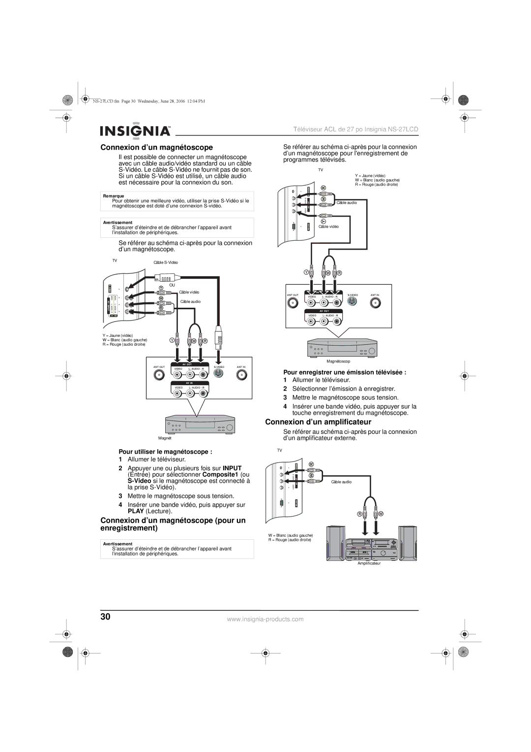 Insignia NS-27LCD manual Connexion d’un magnétoscope pour un enregistrement, Connexion d’un amplificateur 