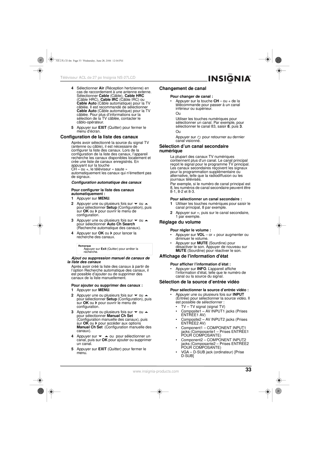 Insignia NS-27LCD Changement de canal, Configuration de la liste des canaux, Sélection d’un canal secondaire, Numérique 