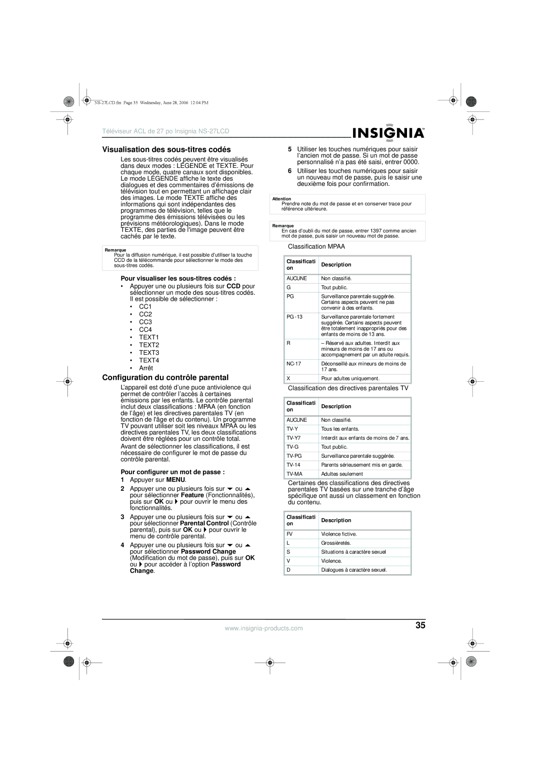 Insignia NS-27LCD manual Visualisation des sous-titres codés, Configuration du contrôle parental, Classification Mpaa 