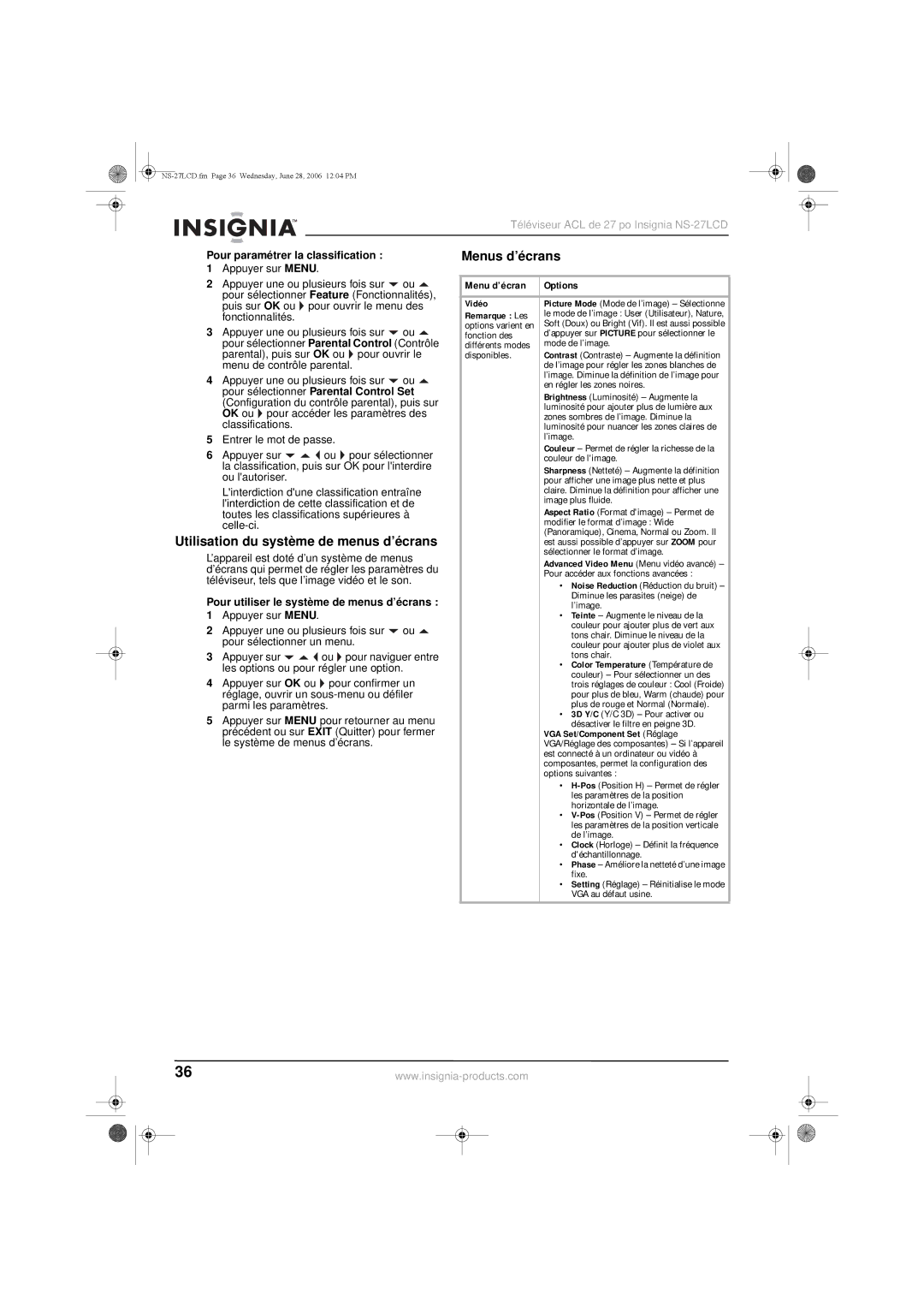 Insignia NS-27LCD manual Menus d’écrans, Utilisation du système de menus d’écrans 