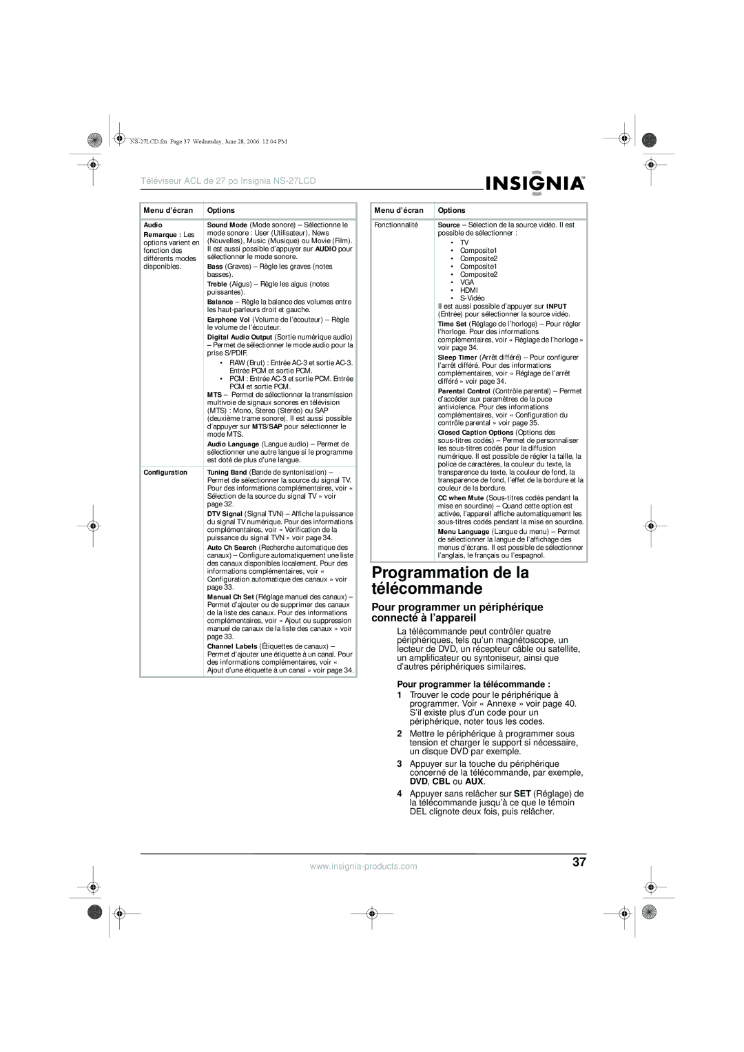 Insignia NS-27LCD manual Programmation de la, Télécommande, Pour programmer un périphérique, Connecté à l’appareil 