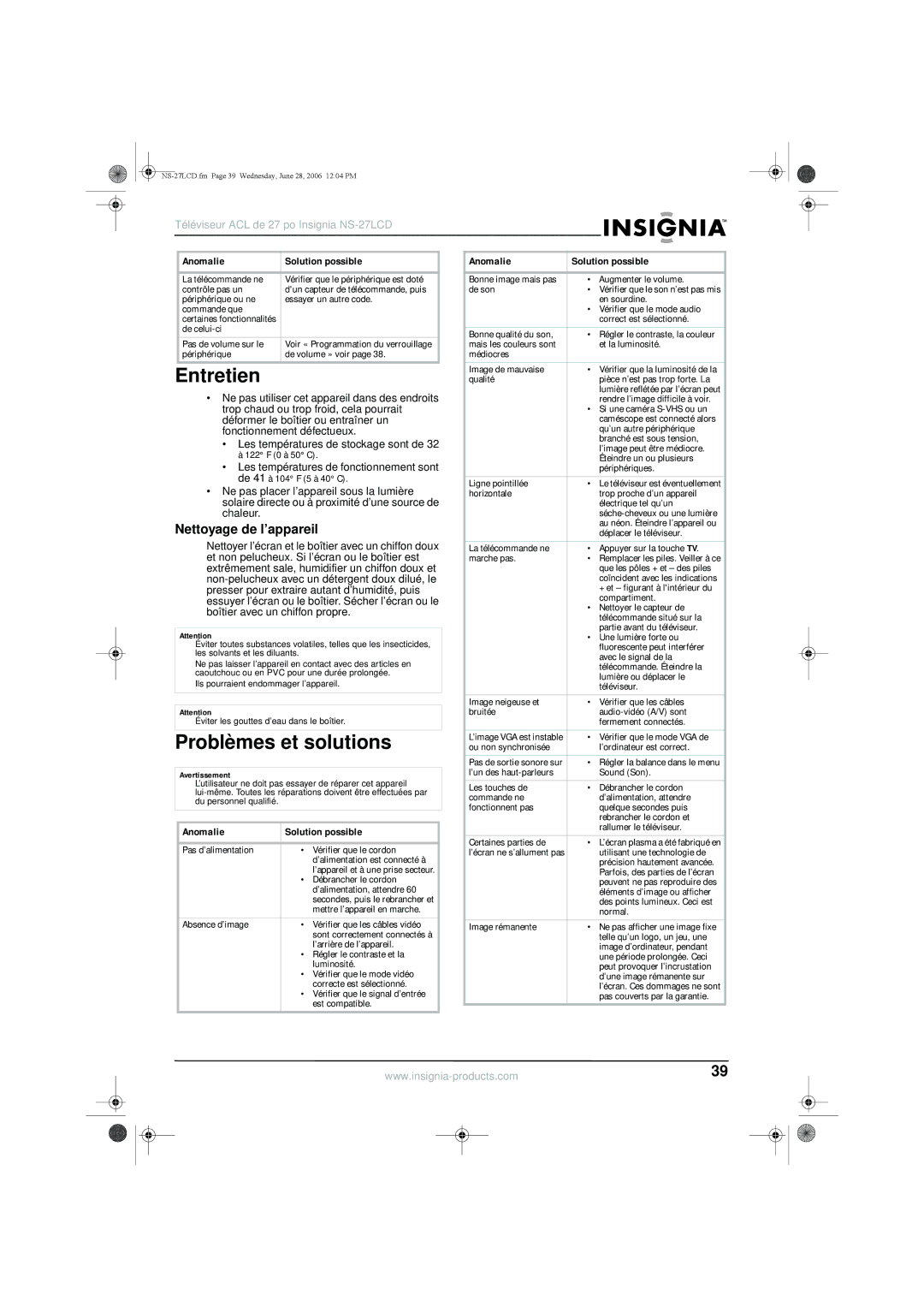 Insignia NS-27LCD manual Entretien, Problèmes et solutions, Nettoyage de l’appareil 