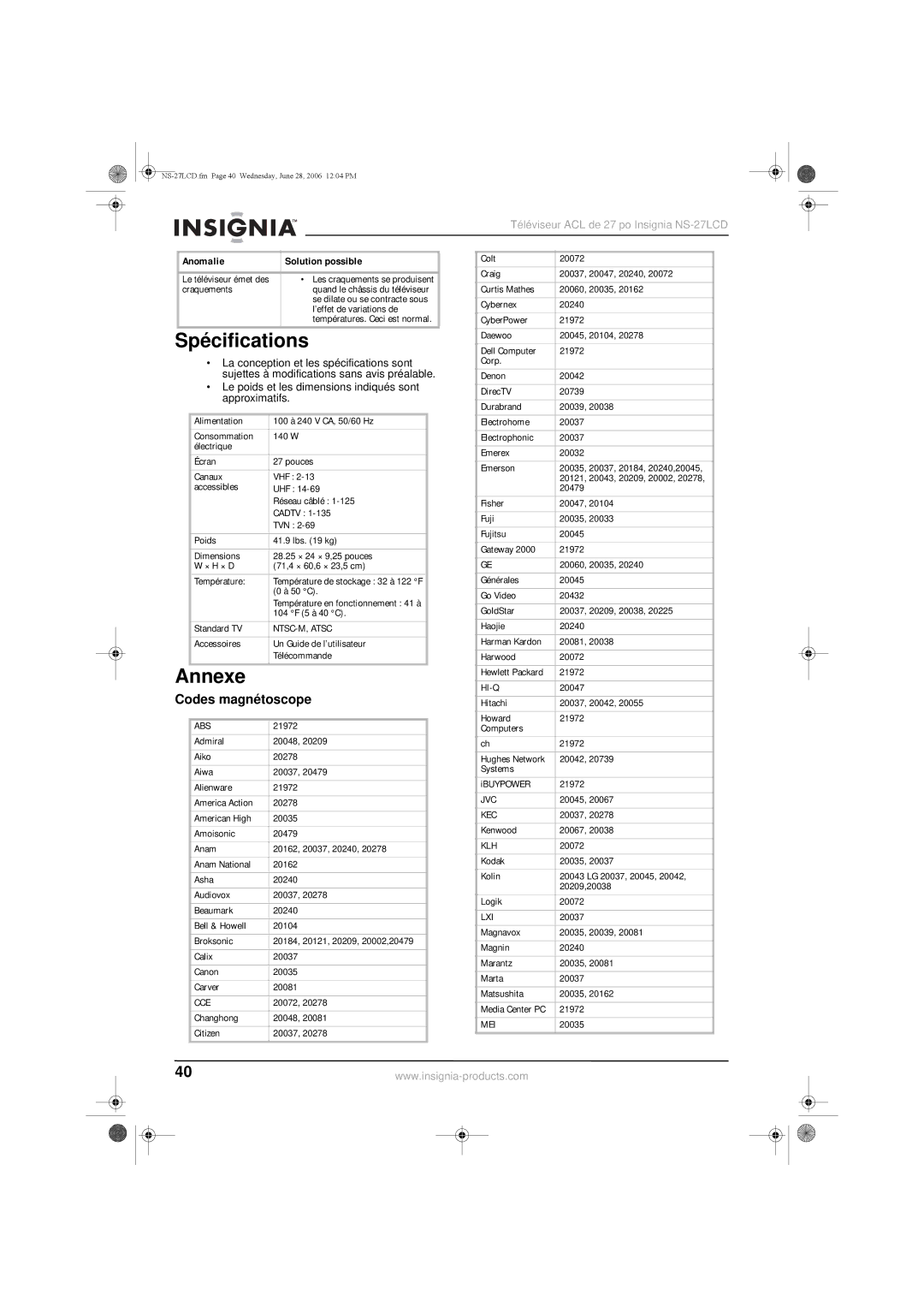 Insignia NS-27LCD manual Spécifications, Annexe, Codes magnétoscope 