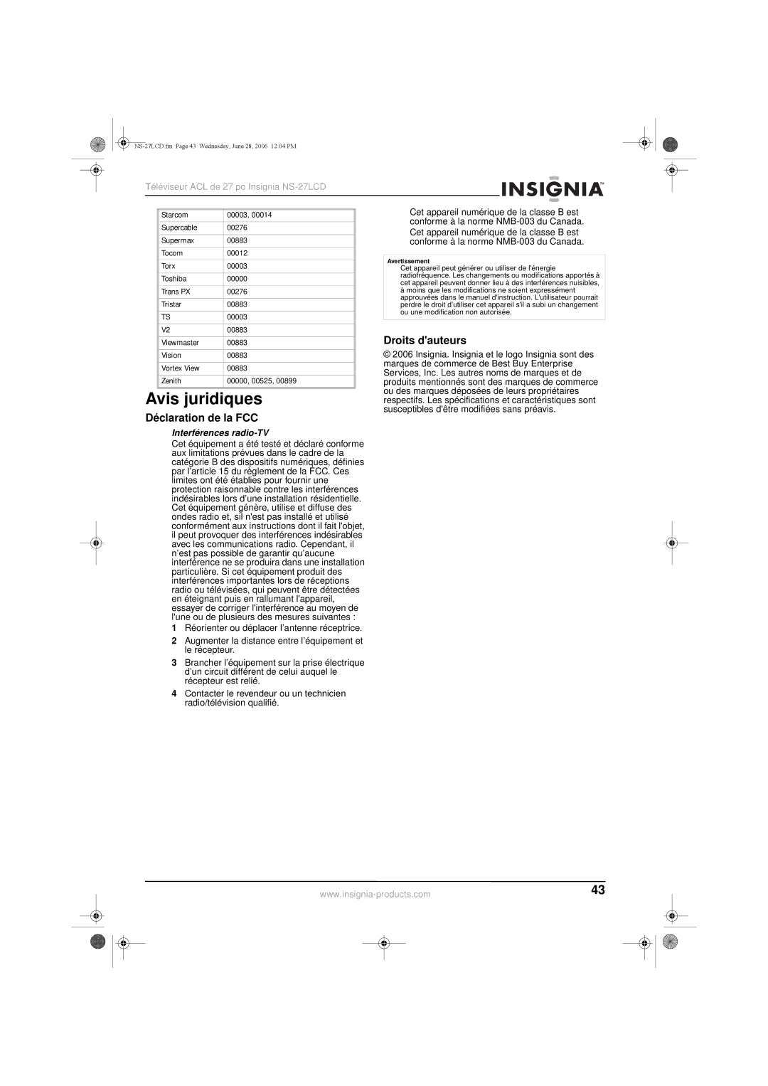 Insignia NS-27LCD manual Avis juridiques, Droits dauteurs, Déclaration de la FCC, Interférences radio-TV 