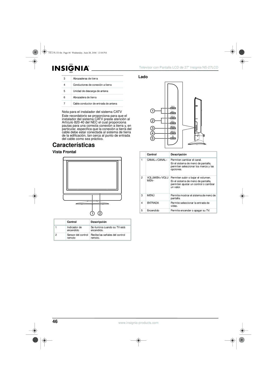 Insignia NS-27LCD Características, Lado, Vista Frontal, Nota para el instalador del sistema Catv, Control Descripción 