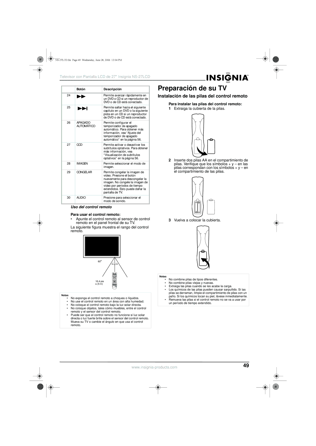 Insignia NS-27LCD manual Preparación de su TV, Instalación de las pilas del control remoto, Uso del control remoto 