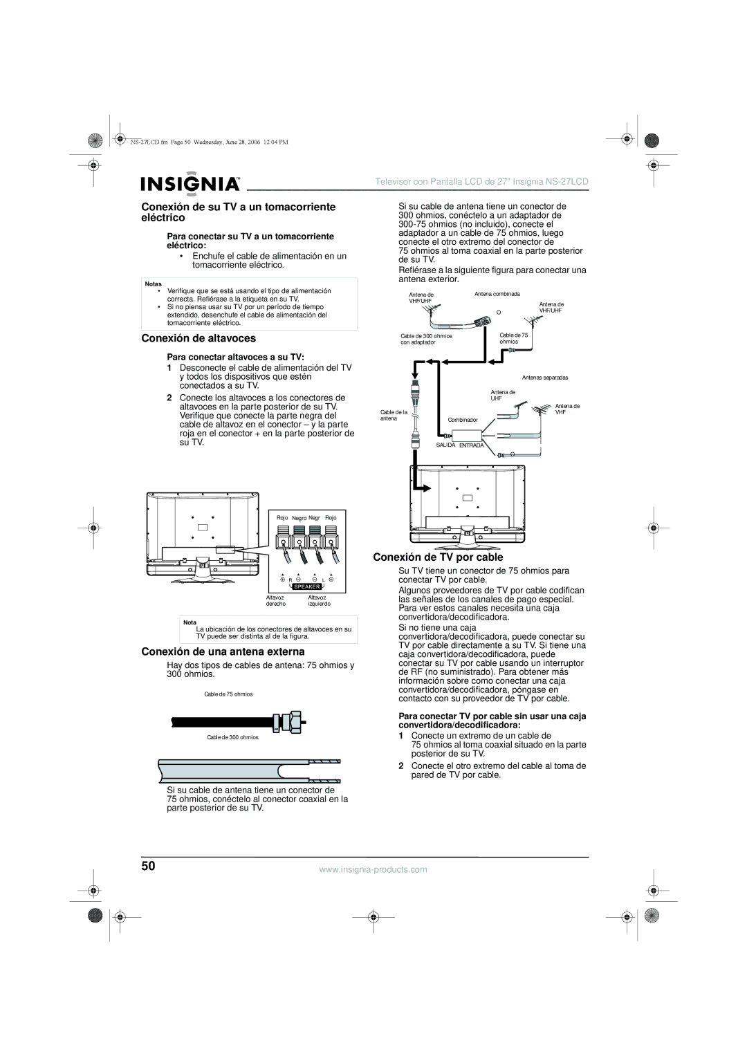 Insignia NS-27LCD Conexión de su TV a un tomacorriente, Eléctrico, Conexión de altavoces, Conexión de una antena externa 