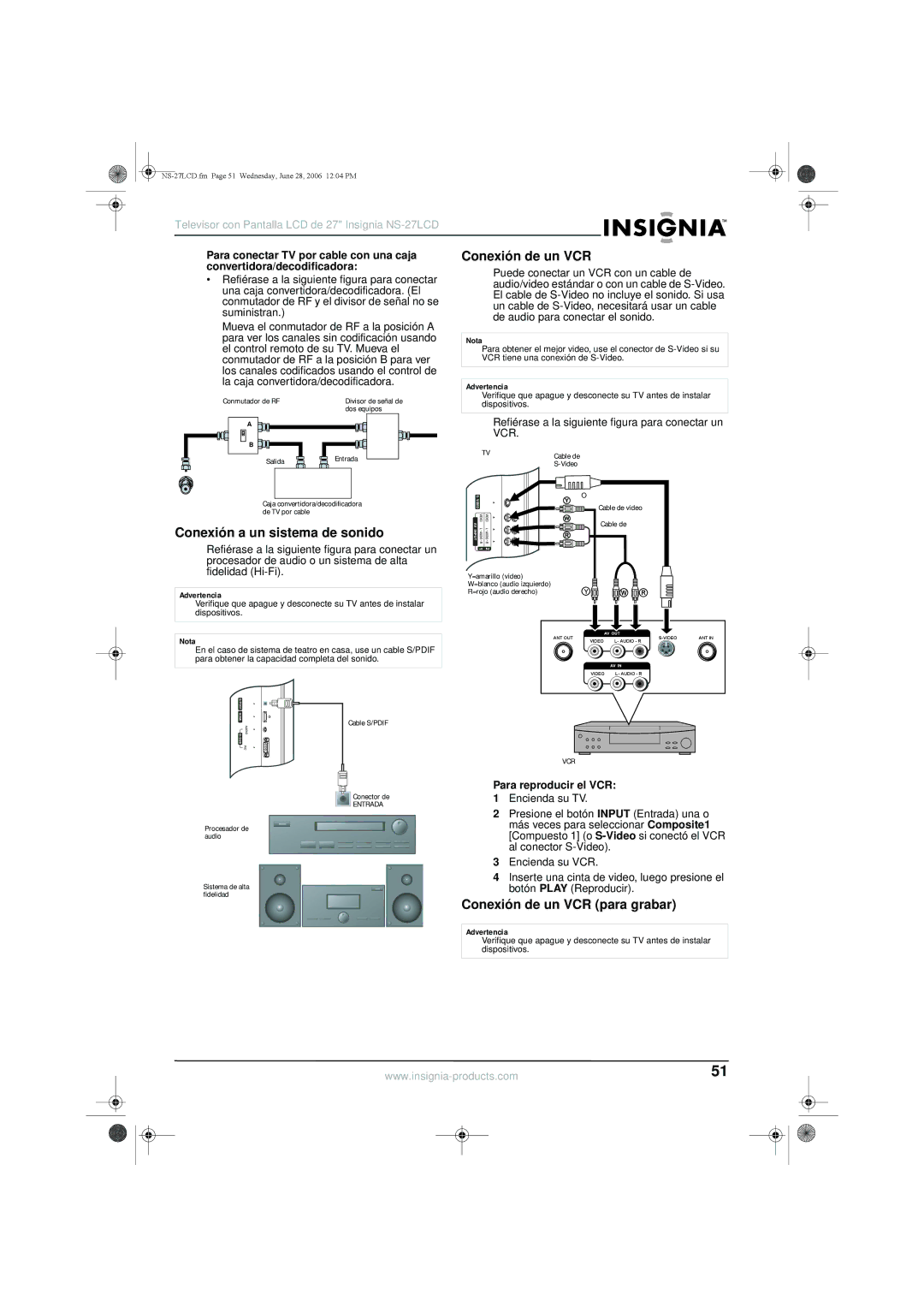 Insignia NS-27LCD manual Conexión a un sistema de sonido, Conexión de un VCR para grabar, Para reproducir el VCR 