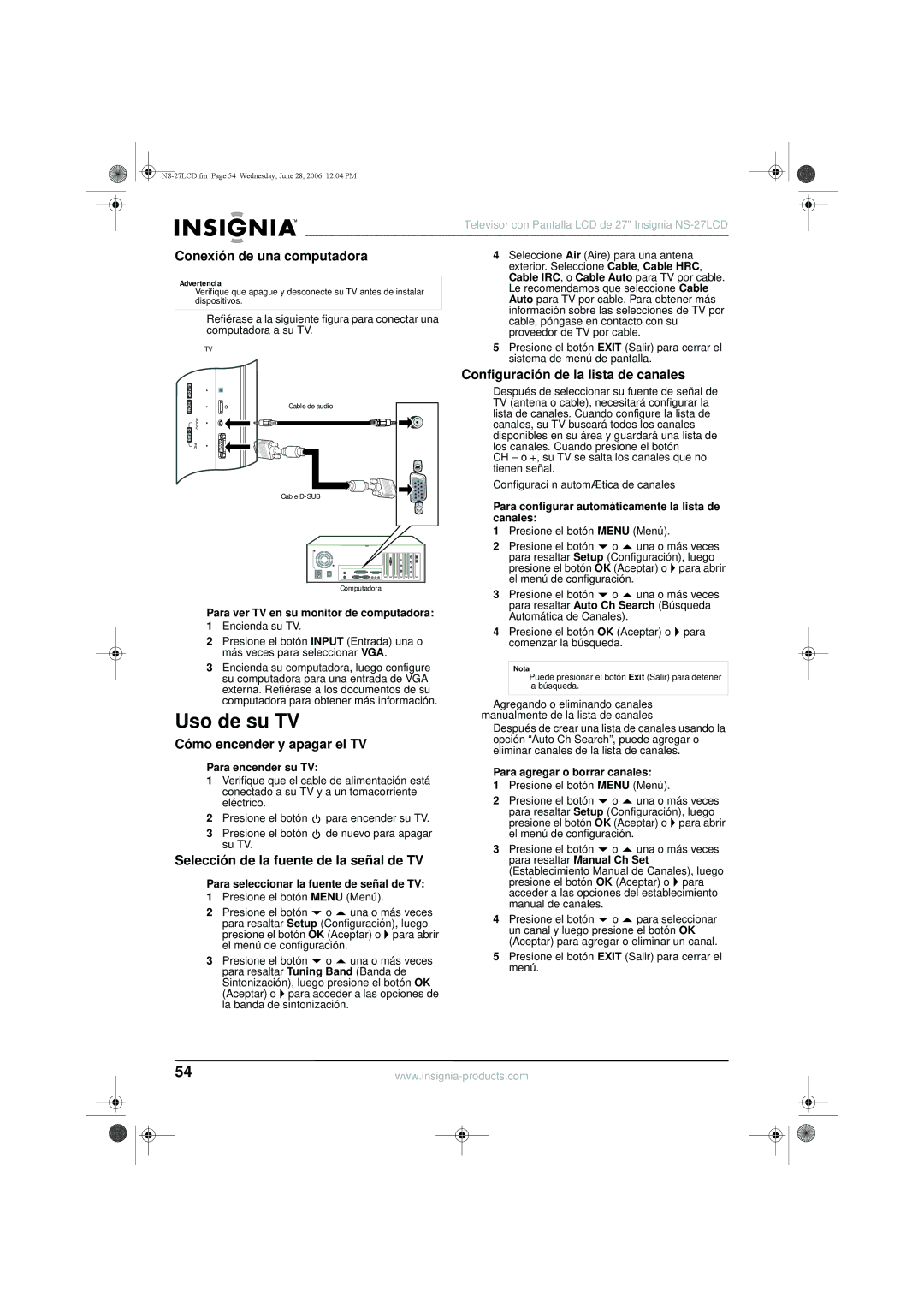 Insignia NS-27LCD manual Uso de su TV, Conexión de una computadora, Configuración de la lista de canales 