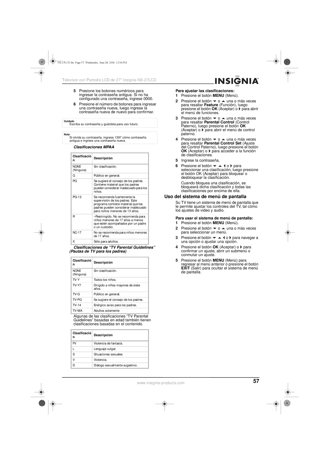 Insignia NS-27LCD Uso del sistema de menú de pantalla, Clasificaciones Mpaa, Clasificaciones de TV Parental Guidelines 