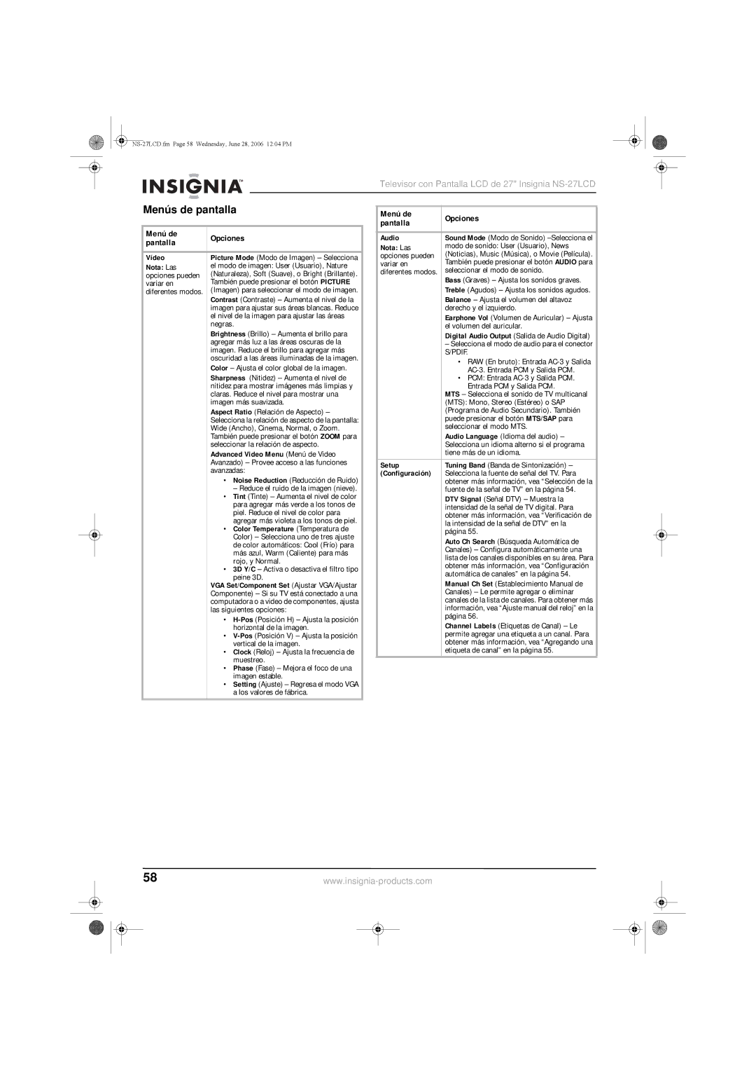 Insignia NS-27LCD manual Menús de pantalla, Menú de Opciones Pantalla 