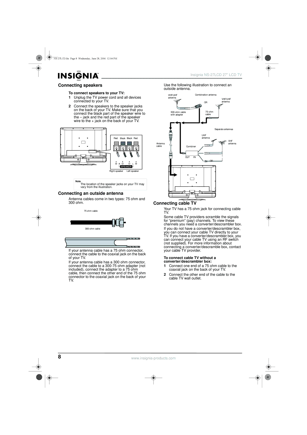 Insignia NS-27LCD Connecting speakers, Connecting an outside antenna, Connecting cable TV, To connect speakers to your TV 