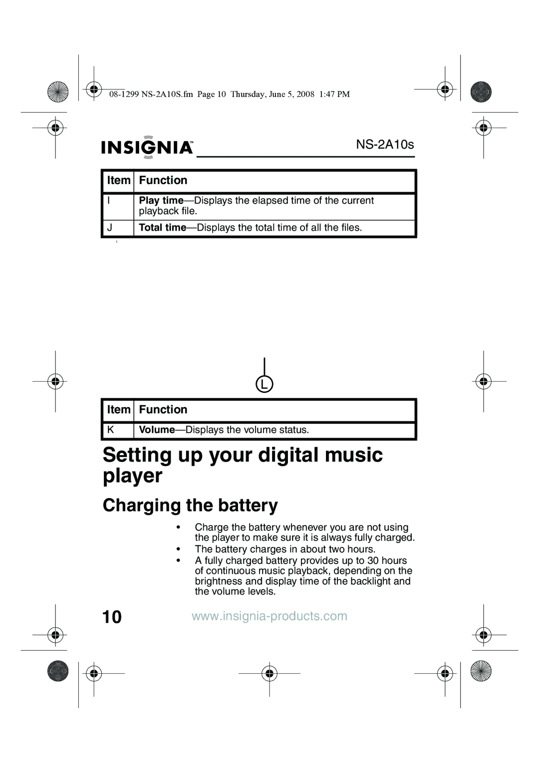 Insignia NS-2A10S manual Setting up your digital music player, Charging the battery 